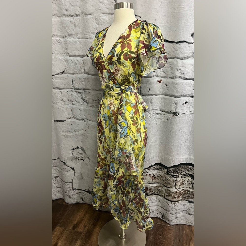 Tanya Taylor Blaire Linen Silk Midi Dress Ruffle Floral Gauze Summer Romantic - Picture 4 of 12